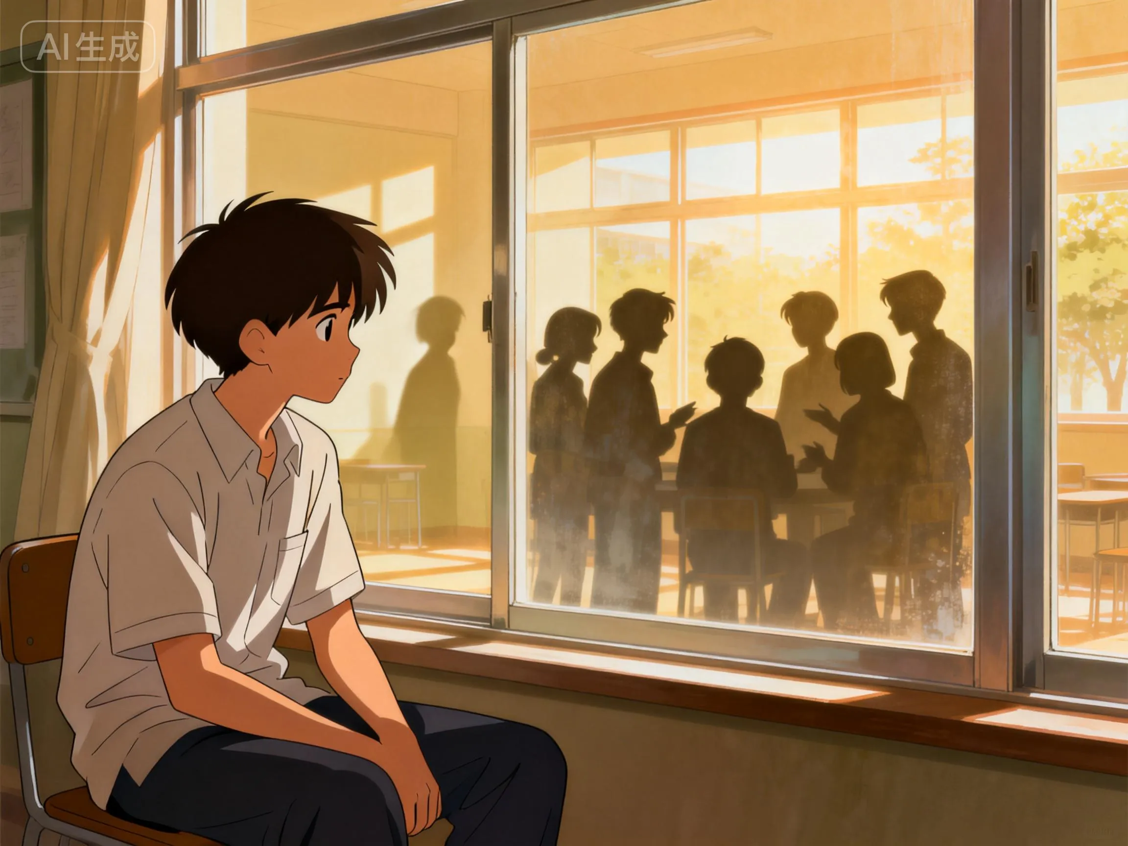 听障学生看窗外同学讨论